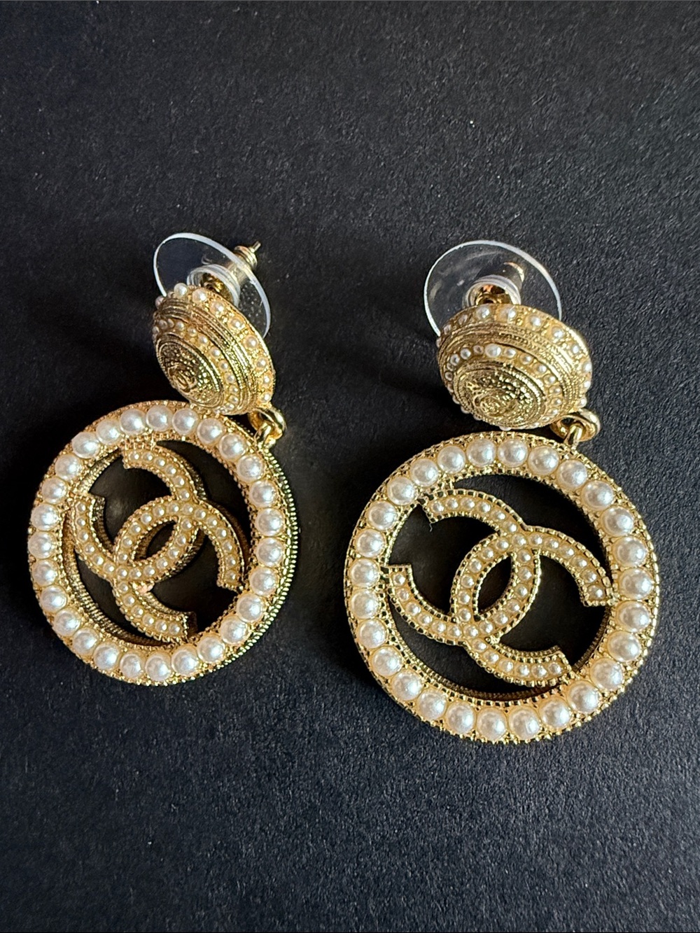 Chanel Gold-Tone Pearl CC Drop Earrings - Picture 2 of 5
